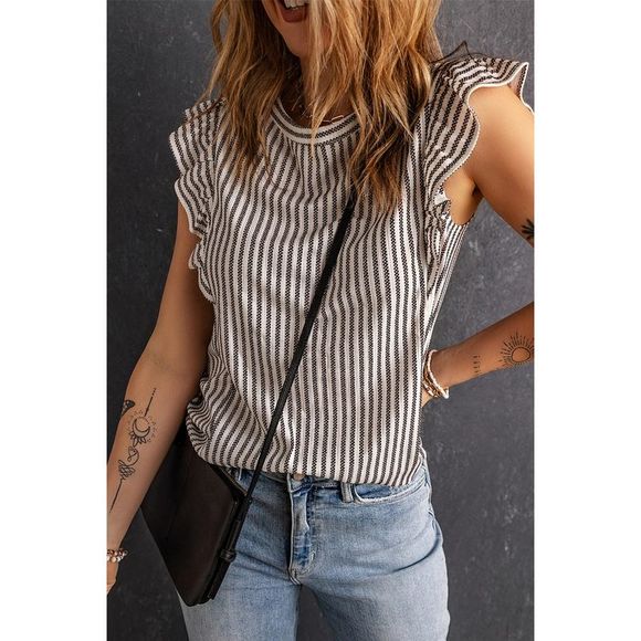 Azura Exchange  Gray Crew Neck Ruffled Striped Tank Top - Picture 4 of 15